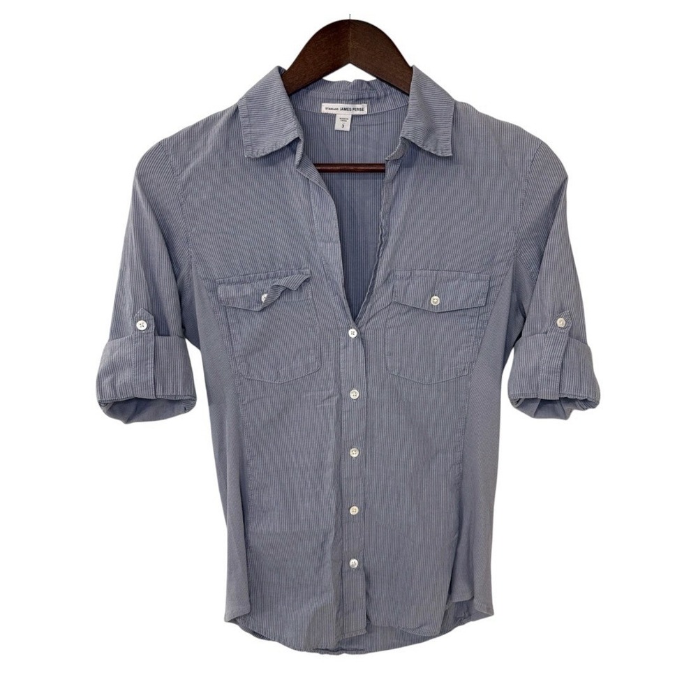 James Perse shirt women's 2 medium blue gray stripe ribbed panels casual utility